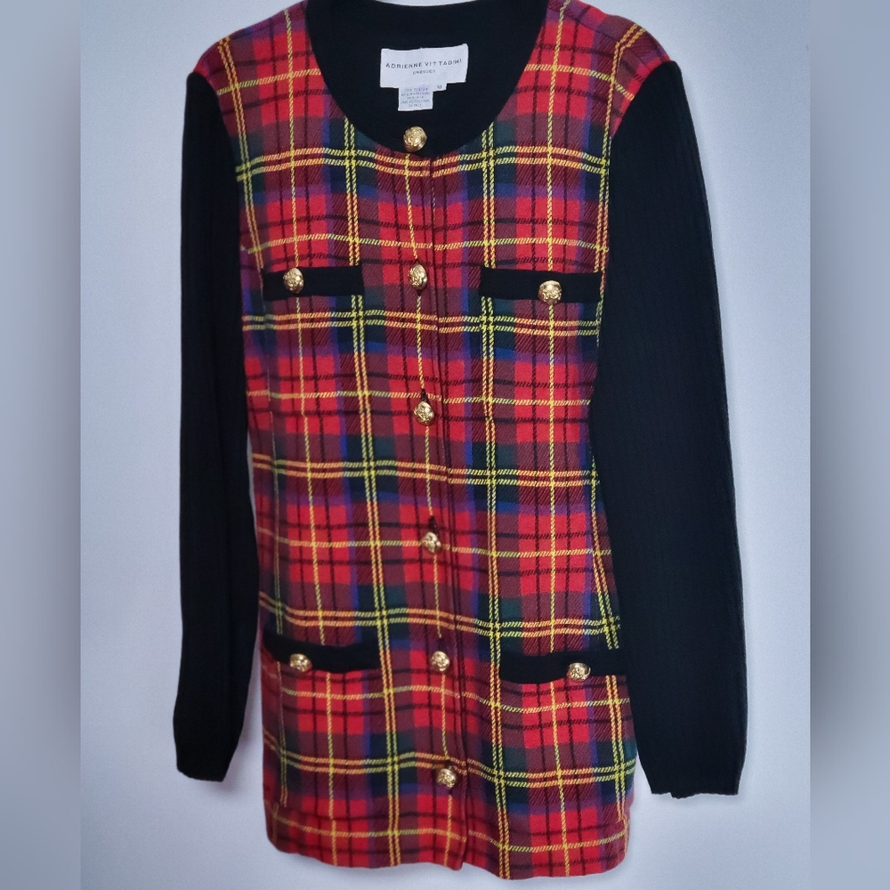 Plaid Cardigan Jacket • Soft Cotton Knit Cotigan • Designer Vintage Holiday 90s